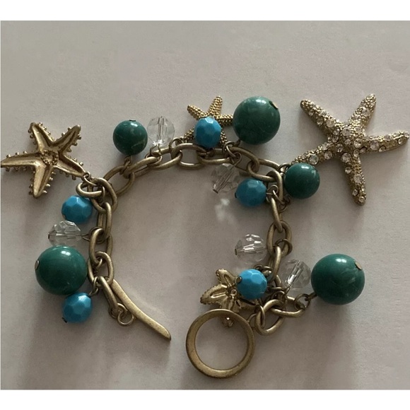 Vintage Y2K Bracelet Sea Motif Silver Starfish Seashells Turquoise Beads Charms - Picture 2 of 7